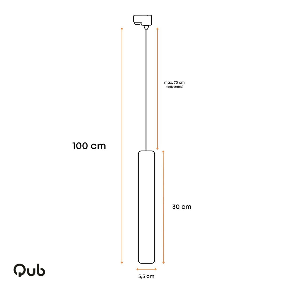 Afmetingen: hangbuis 100 cm lang, 5,5 cm breed; lamp 30 cm, max 70 cm kabel
