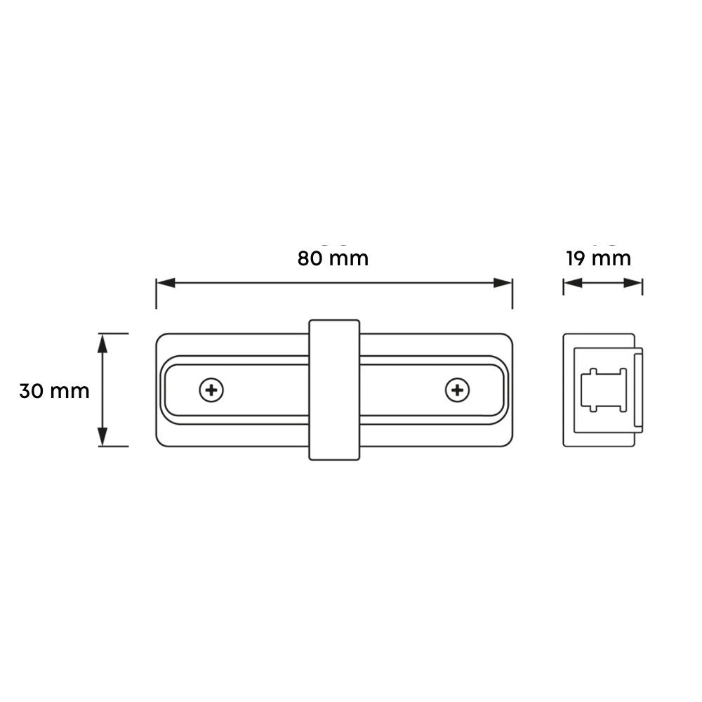 Railkoppeling met afmetingen 80×30×19 mm, zwarte behuizing en + aansluitingen.