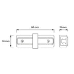 Technische tekening van wit koppelstuk: 80 mm lang, 30 mm hoog, 19 mm breed