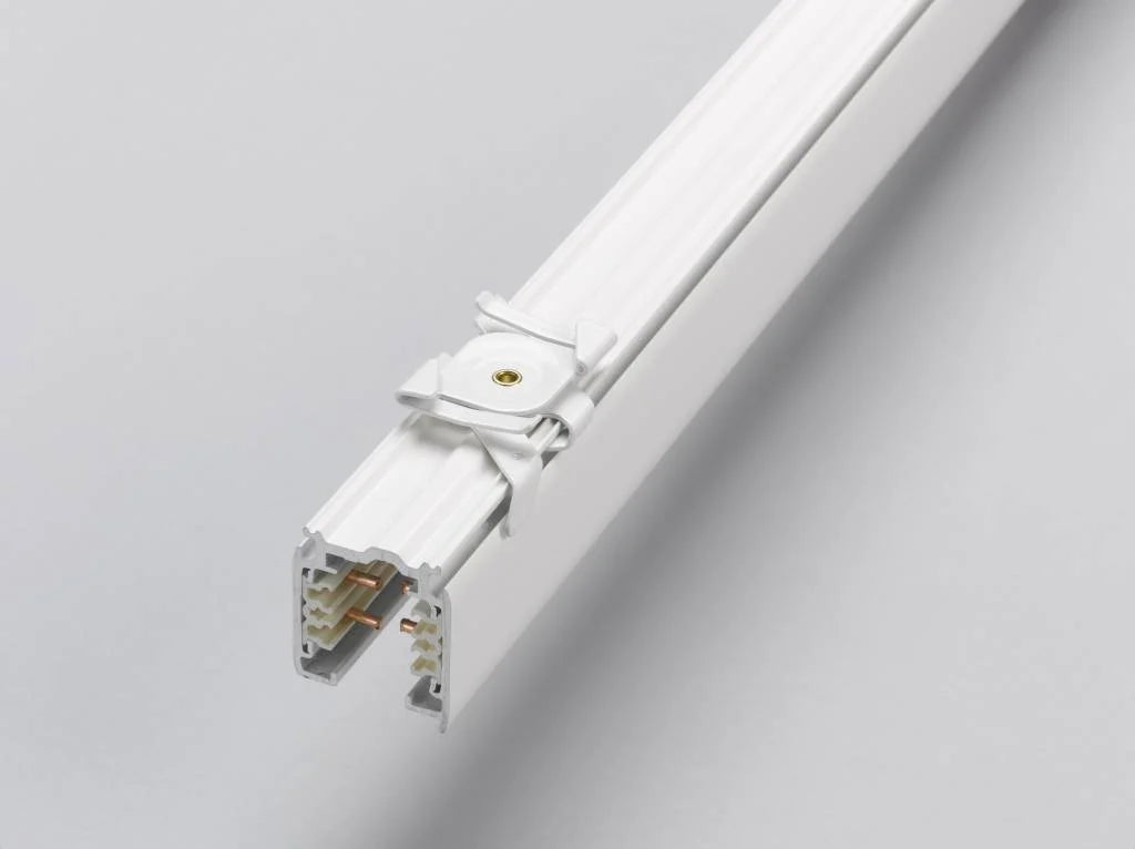 Witte pendelclip voor 3-fase rail, met aansluiting en klem op de rail