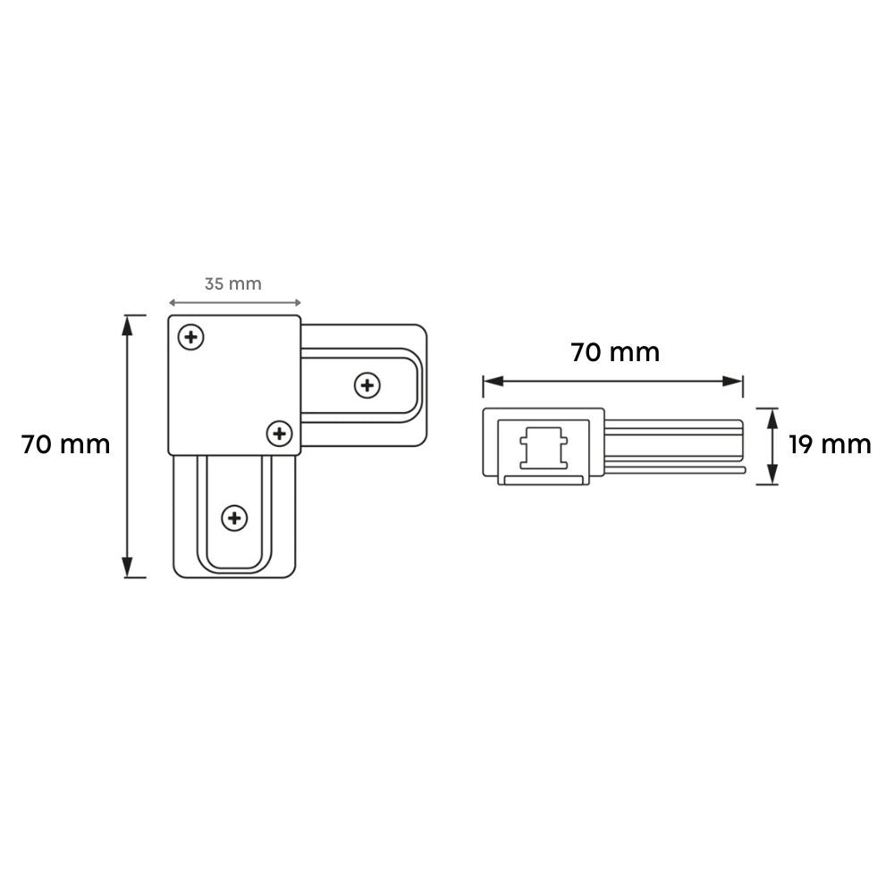 Wit L-koppelstuk voor 1-fase rail, technische tekening met afmetingen 70×19 mm