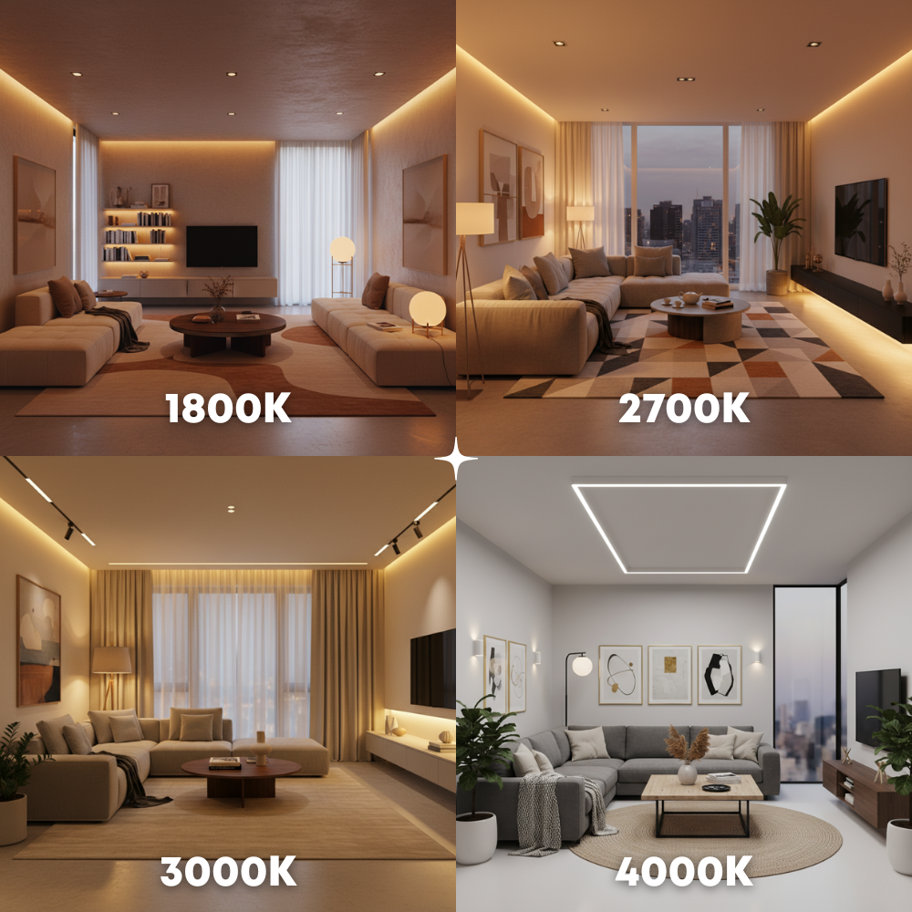 Sfeerfoto met vier soorten lichttemperatuur: 1800K, 2700K, 3000K en 4000K