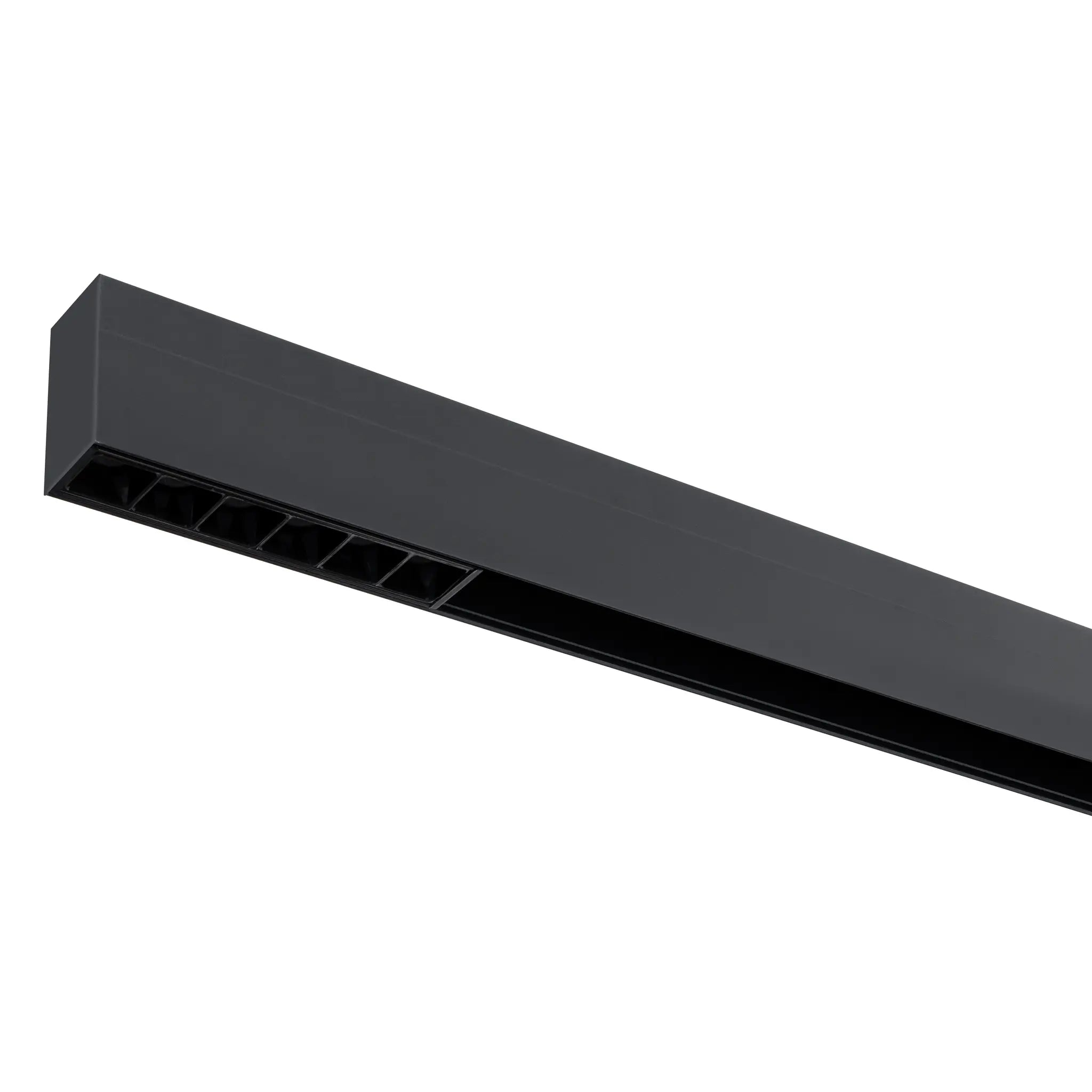 Zwart lineair railarmatuur met 6 LED-openingen in lange behuizing