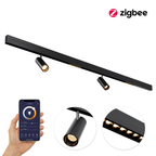 Magnetische railverlichting met zwarte lineaire rail en spotjes, met app-bediening en detailcirkels
