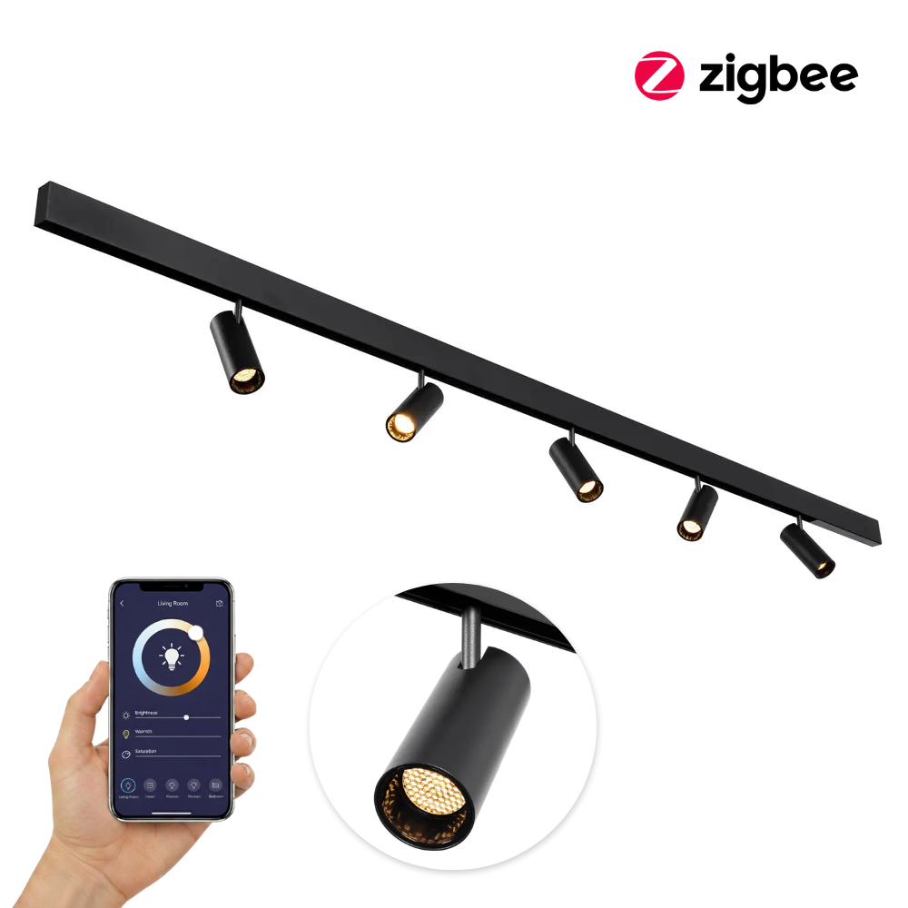 Zwarte magnetische railspot set met 5 spots en Zigbee bediening via smartphone-app