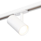 Witte Mesh spot met draaibare kop gemonteerd op rail, detail van bevestiging