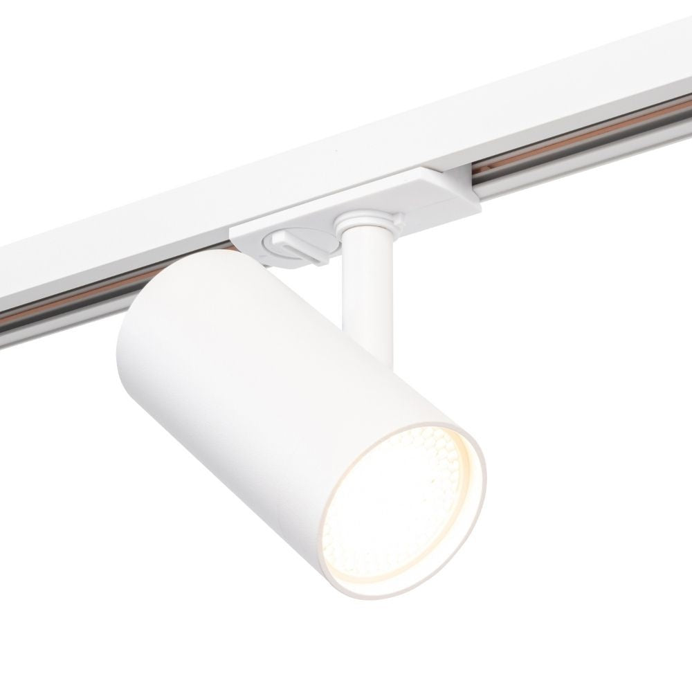 Witte GU10 spot op rail met cilindrische behuizing en warm lichtopening