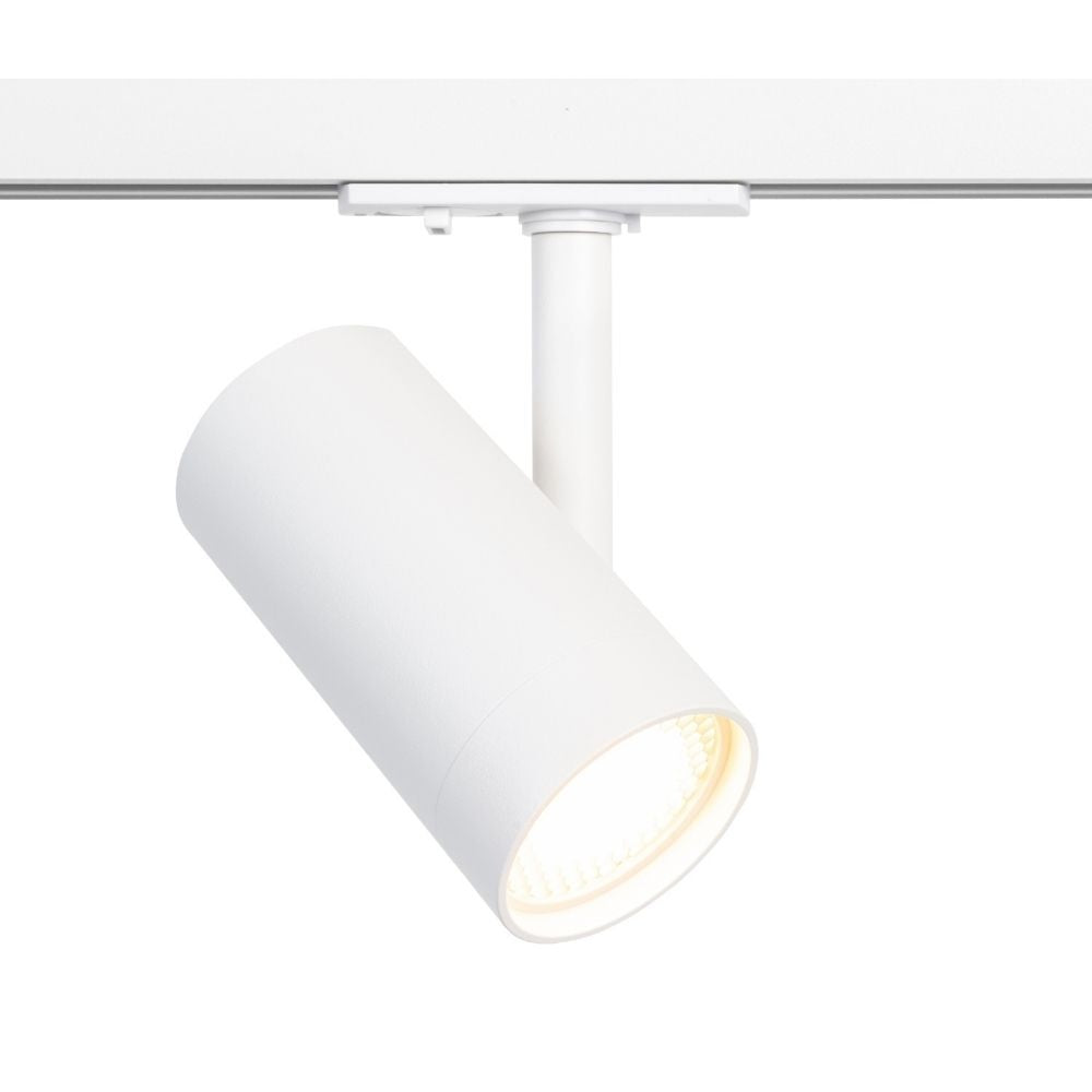 Witte spot op rail met zichtbare GU10 lichtbron en ronde reflector