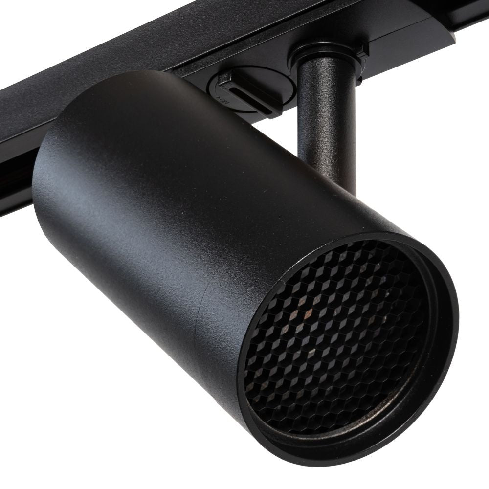 Zwarte GU10 railspot met open reflector en honingraat-achtige lichtuitlaat