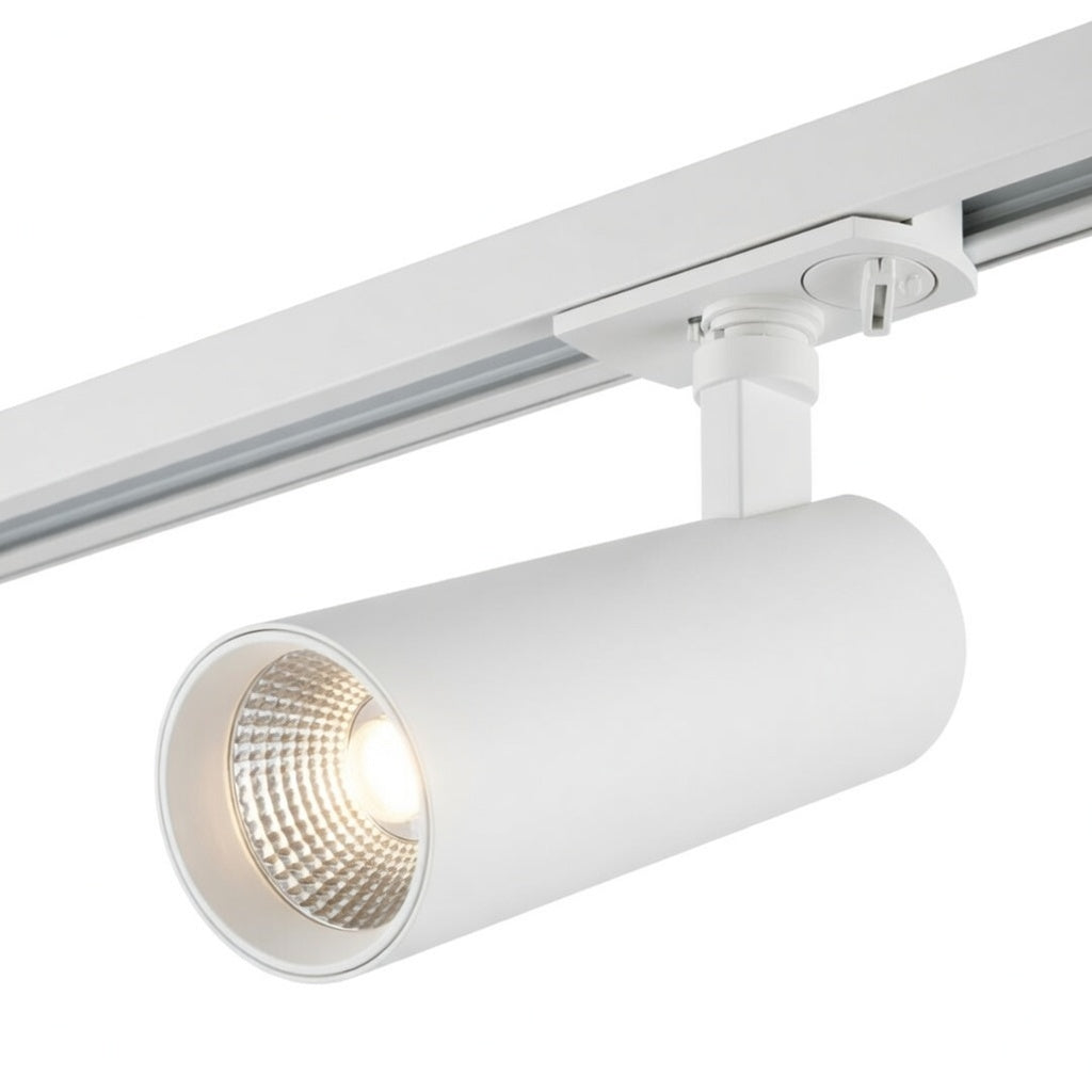 Witte railspot met geïntegreerde LED en ronde lenskop op 1-fase rail