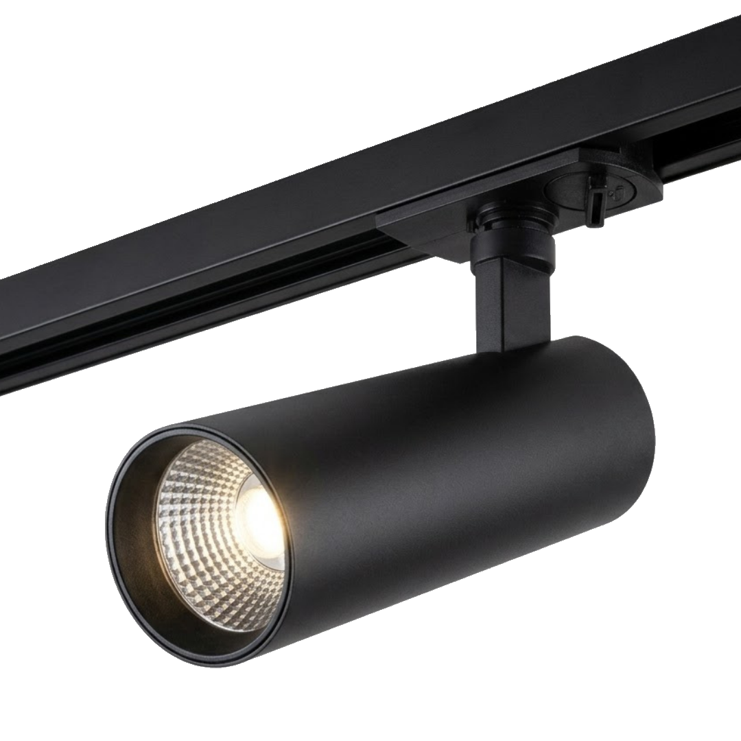Zwarte railspot met geïntegreerde LED-spotschijnwerper en scharnierende behuizing