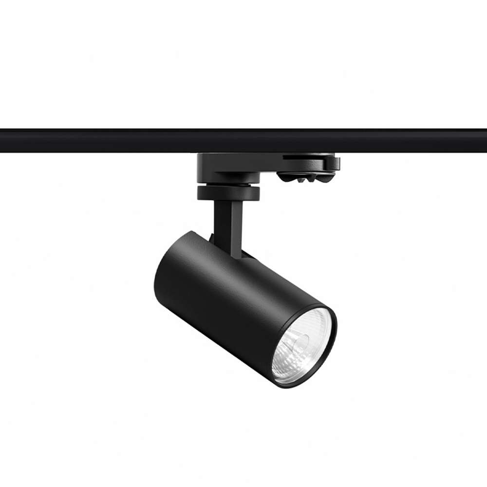 Zwarte 3-fase LED-spotschijnwerper op rail, met ronde lenskap