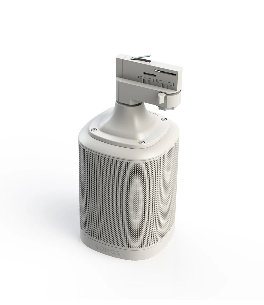 Witte ronde audio-adapter met grijze connector en bovenste aansluiting