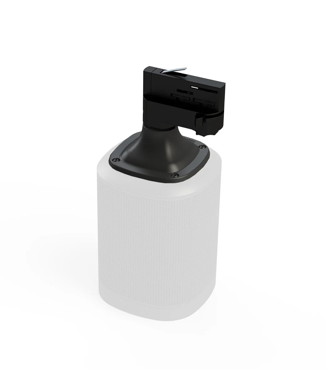 Cilindrische audio-adapter met zwarte bovenkant en connector, op witte voet
