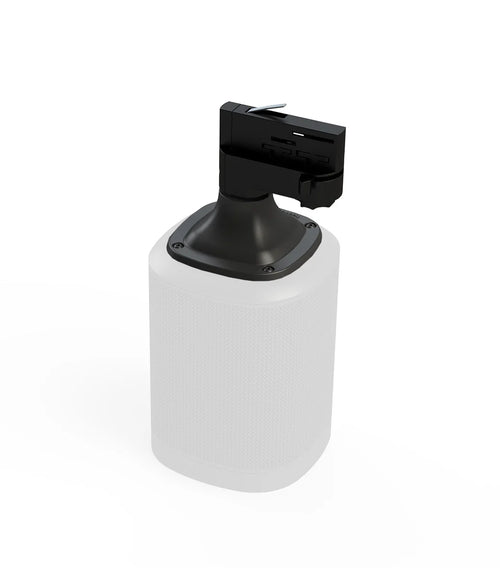 Cilindrische audio-adapter met zwarte bovenkant en connector, op witte voet