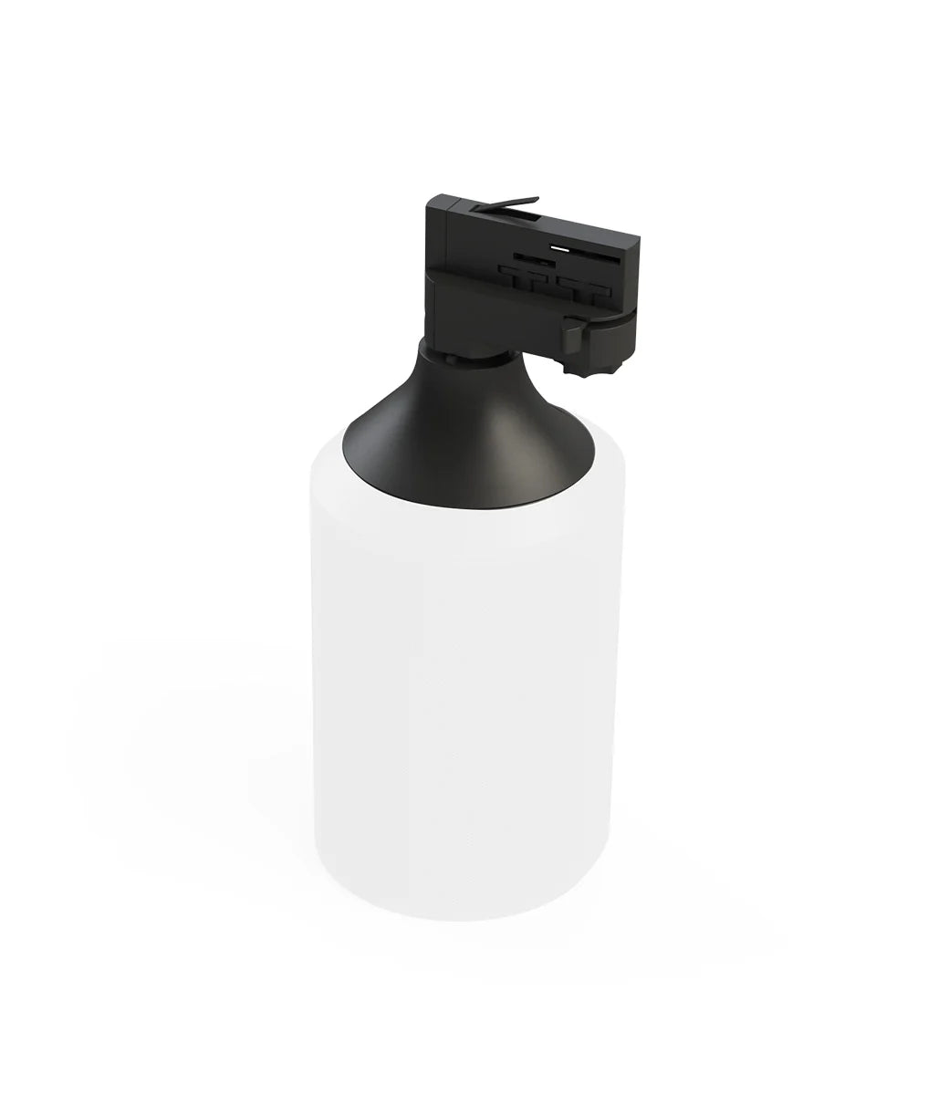 Zwarte 3-fase audio-adapter met zwarte kap op witte cilinder