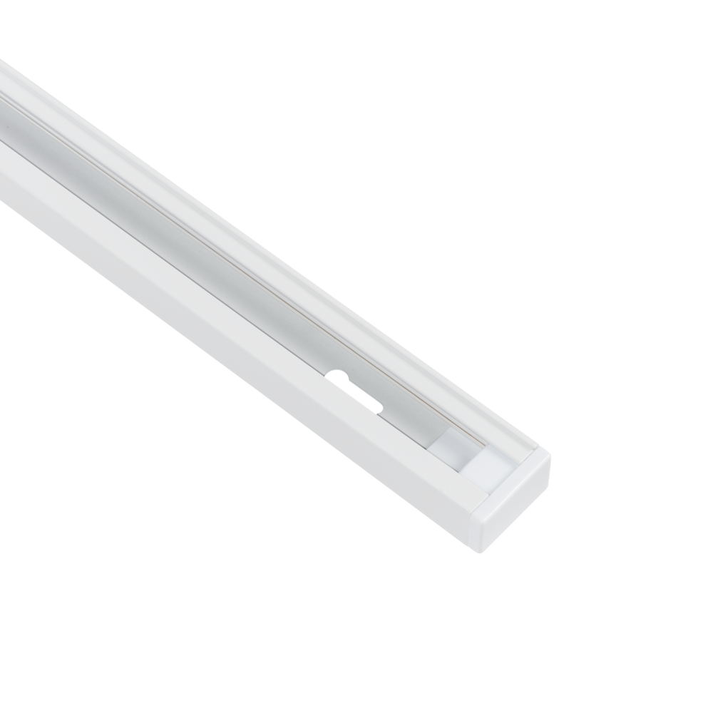 Witte opbouw spanningsrail, detail met montagevoet en sleuven langs de rail.