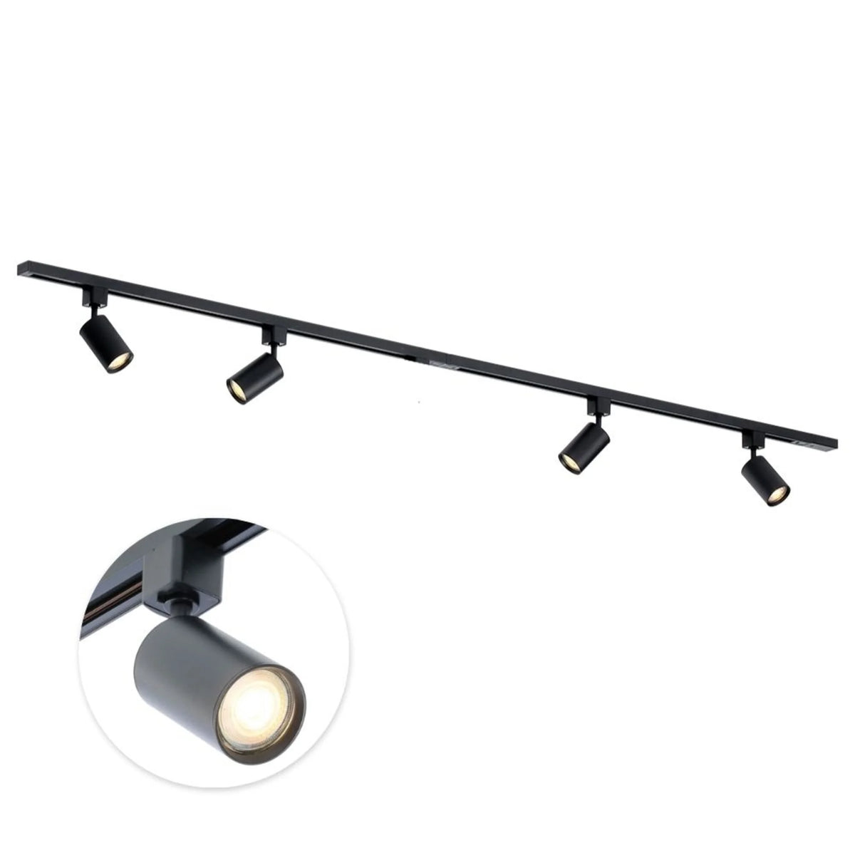 Zwarte 4-spot railverlichting met GU10 spots, langwerpige balk en draaibare behuizing