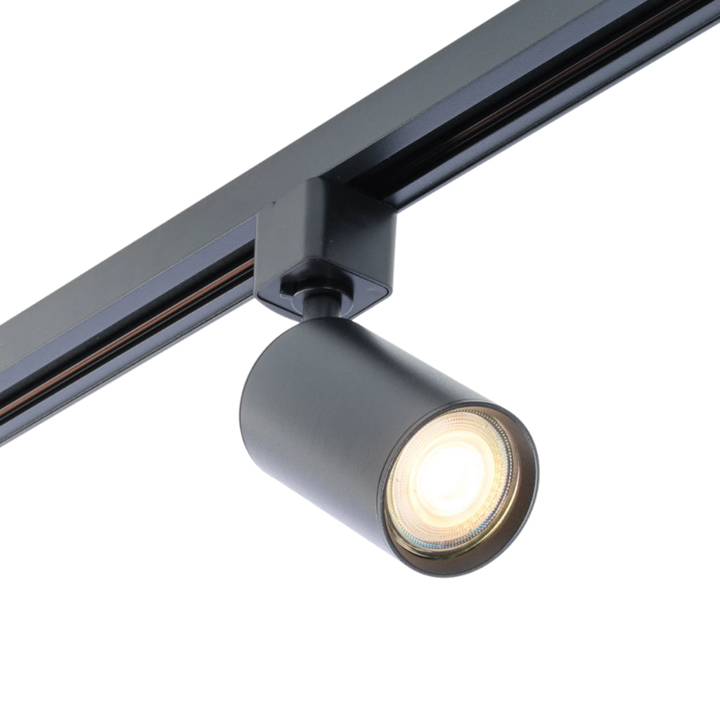 Zwarte railspot met GU10 fitting, ronde kop en verstelbare spotarm