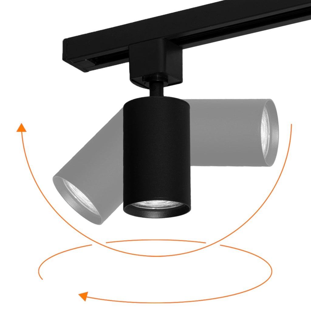 Zwarte railspot met kantelbare cilindervormige lampkop voor gerichte verlichting