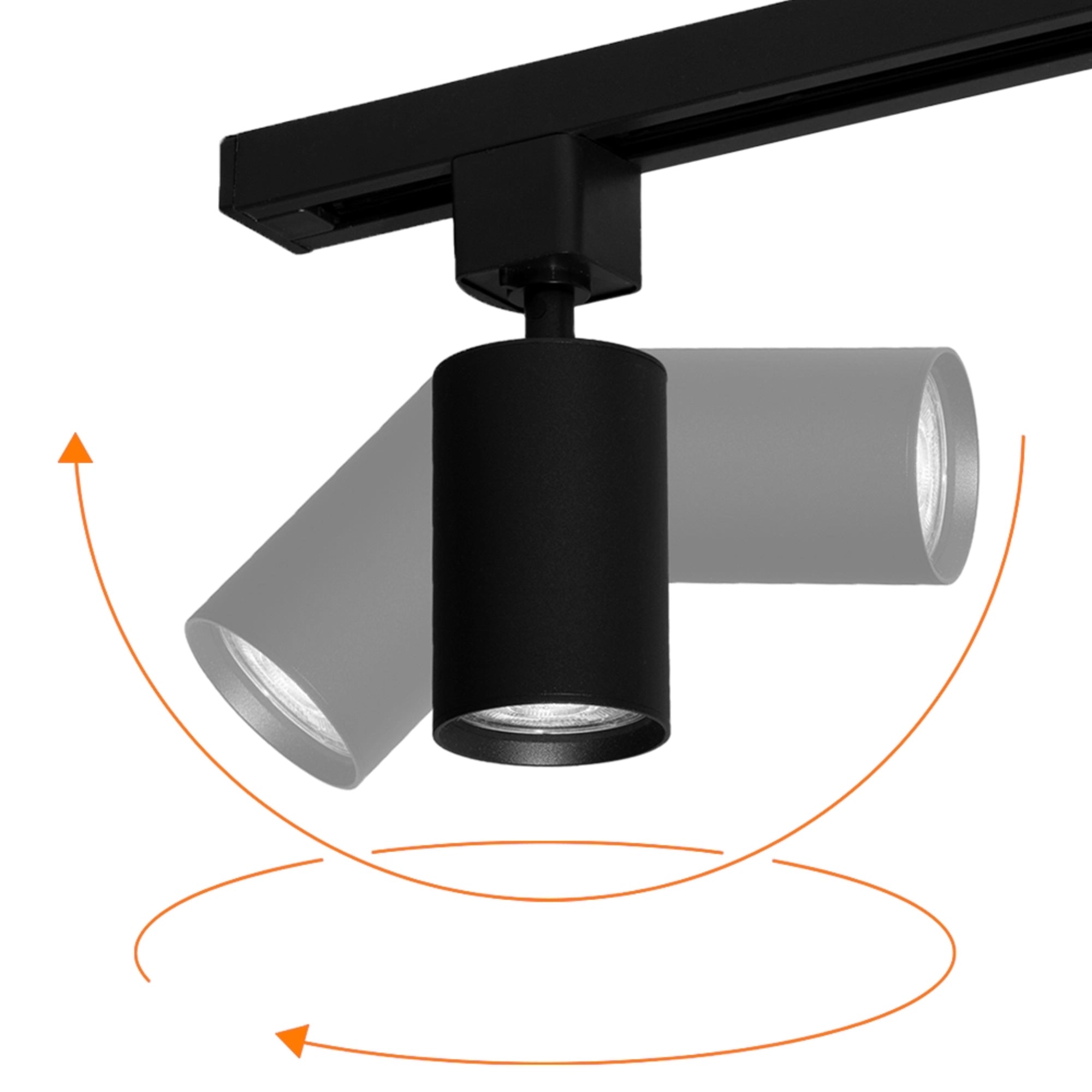 Zwarte railspot met kantelbare cilindervormige lampkop voor gerichte verlichting