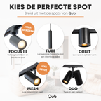 Qub infographic met spotmodellen Focus iii, Tube, Orbit, Mesh en Duo voor rails