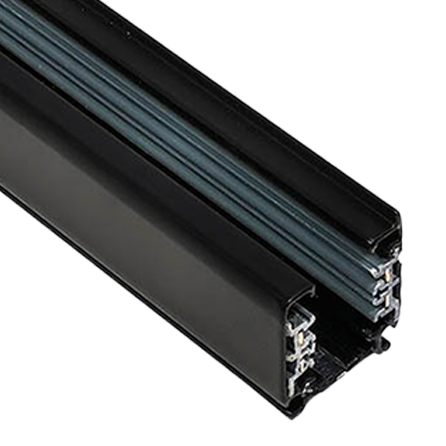 Zwarte 3-fase spanningsrail, close-up van contactrails en klemmen