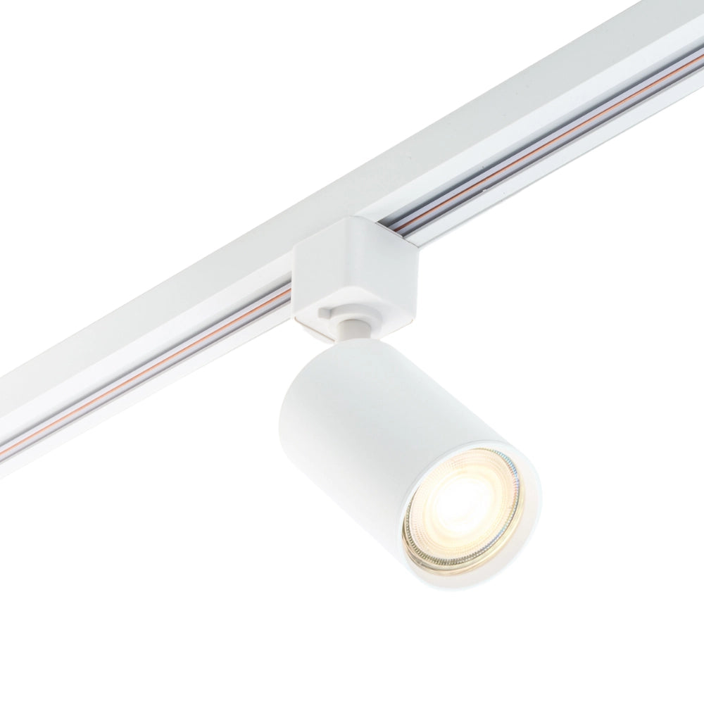 Witte railspot met ronde GU10-fitting en cilindrische kop, lichtbron zichtbaar