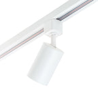 Witte railspot met cilindrische behuizing en ronde GU10-fitting aan het railprofiel.