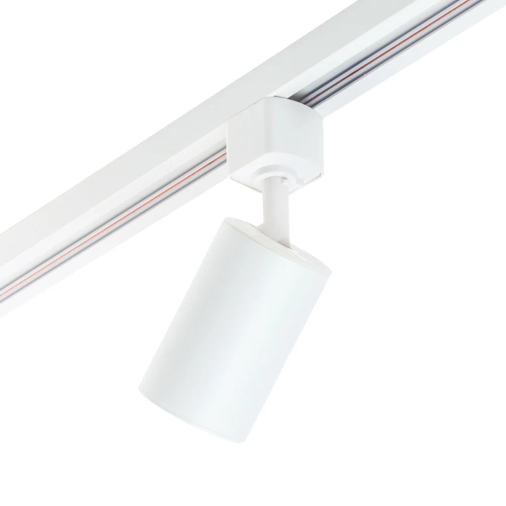 Witte GU10 spotkop met cilindrische kap op plafondrail