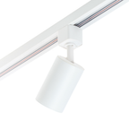 Witte hangende cilinderlamp onder rail met spotkop