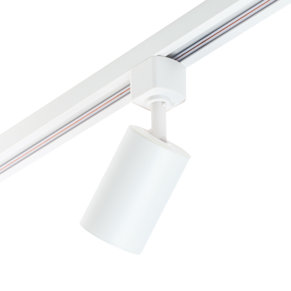 Witte hangende cilinderlamp onder rail met spotkop