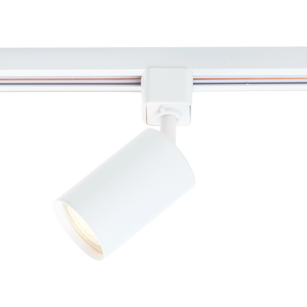 Witte railspot met cilindrische lichtkop en draaibare montage op rail
