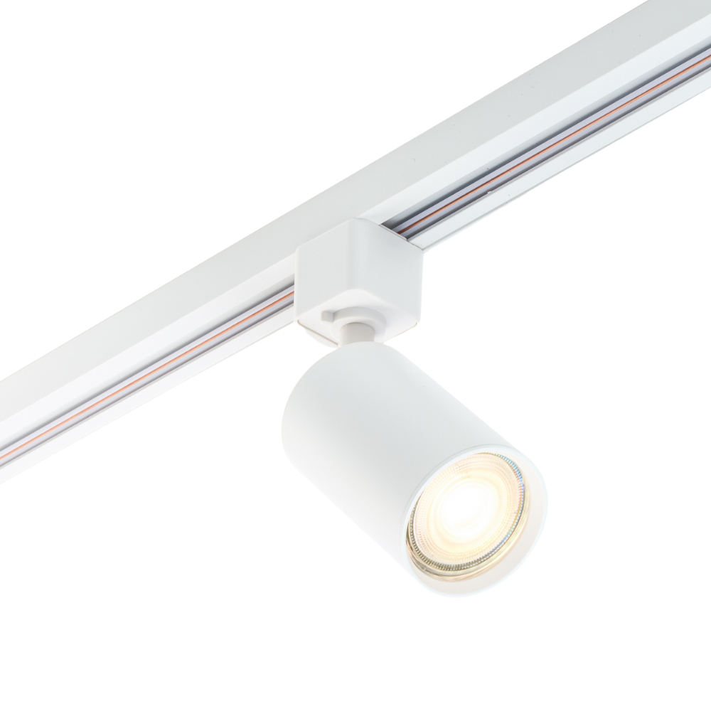 Witte railspot met GU10 fitting, verstelbare lampkop en warm lichtgevende ring