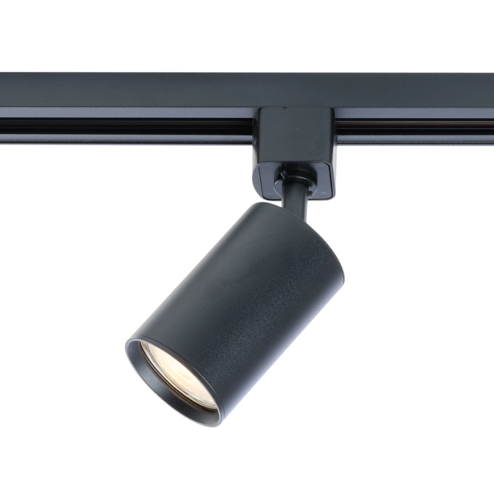 Zwarte railspot met matte cilinderlampkop en open lichtopening
