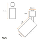 Afmetingsdiagram van zwarte GU10 railspot: 14 cm hoogte en 9,5 cm lengte