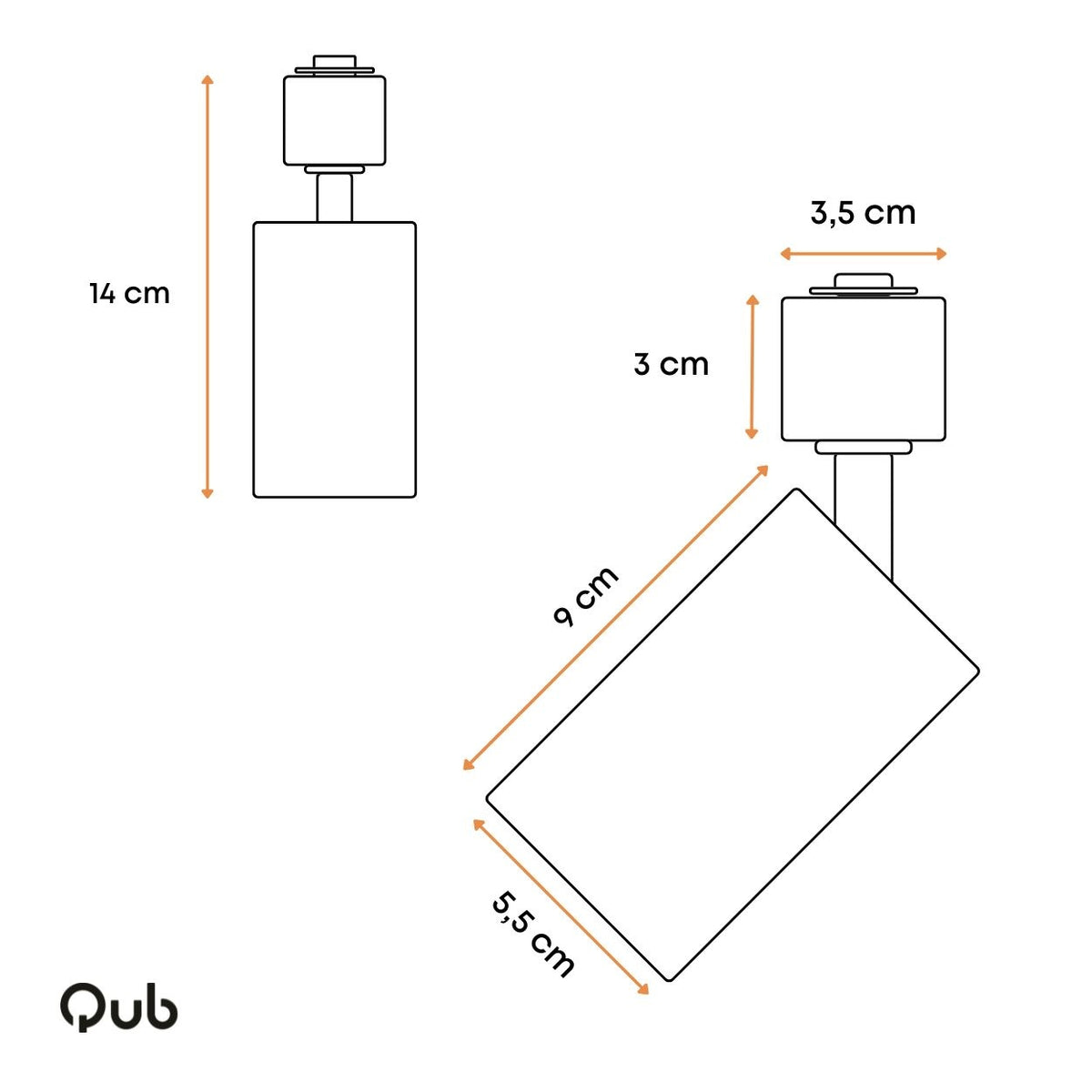 Afmetingsdiagram van zwarte GU10 railspot: 14 cm hoogte en 9,5 cm lengte
