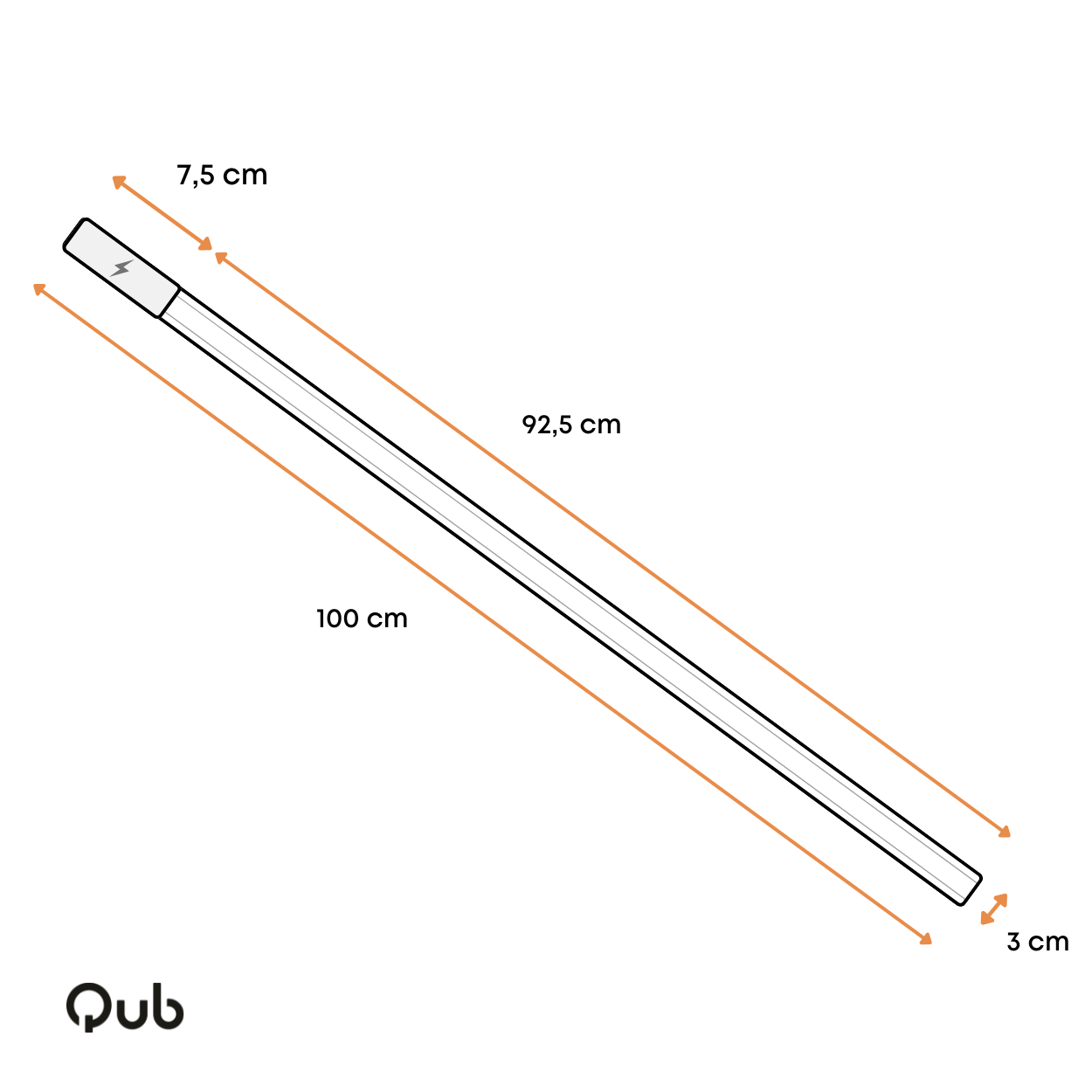 Zwarte spanningsrail met afmetingen 100 cm, 92,5 cm en 7,5 cm