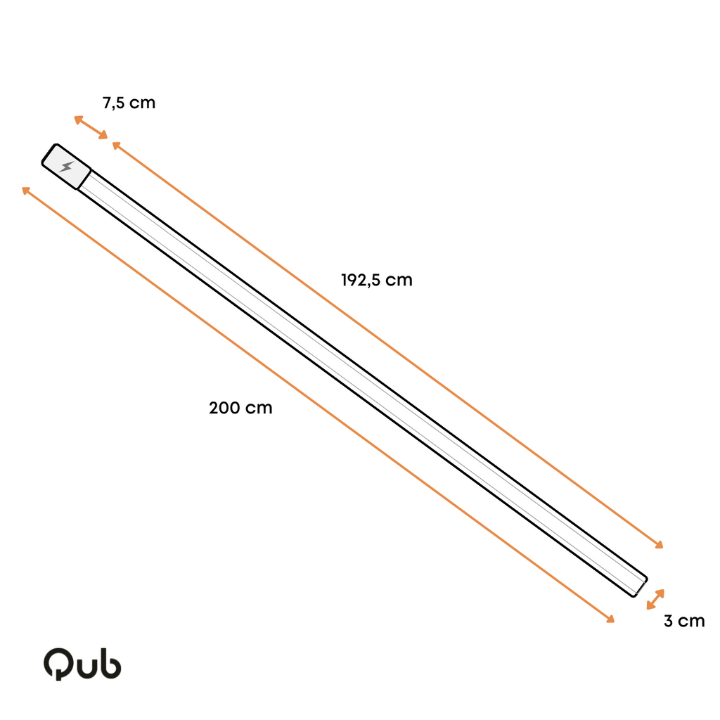 Zwarte opbouwspanningsrail met afmetingen: 200 cm lang, 7,5 cm breed, 3 cm hoog.