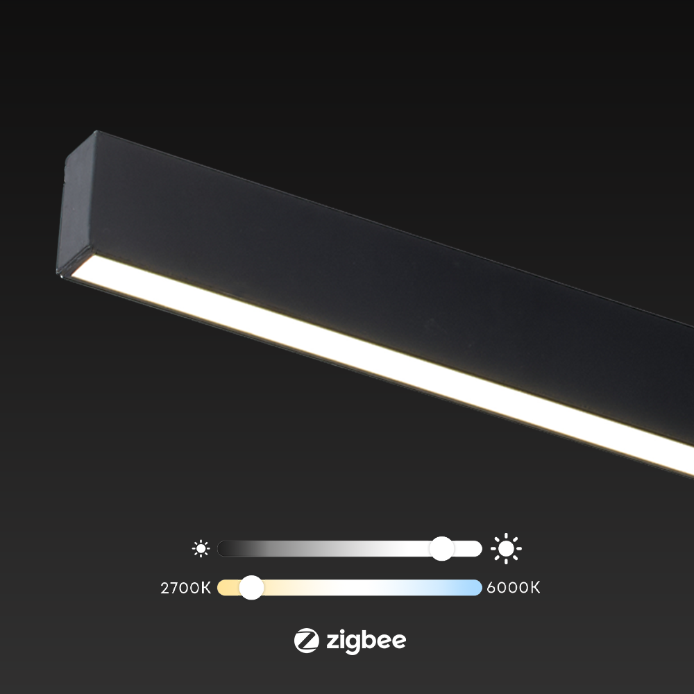 Zwarte Zigbee LED-raillamp met warmwitte lichtbalk en wittemperatuur-indicator