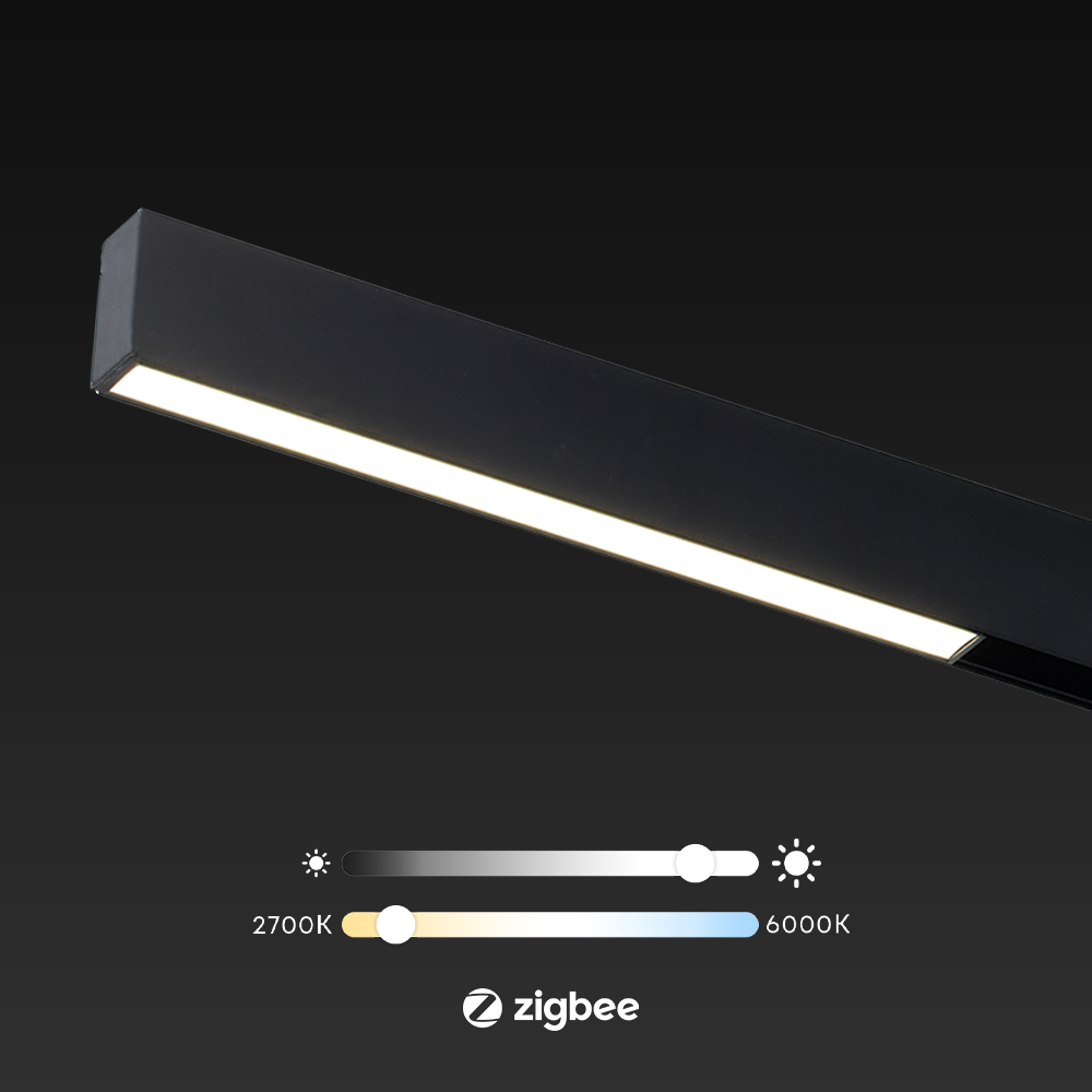 Zwarte lineaire LED-railverlichting met ingeschakelde lichtbalk en egaal wit licht