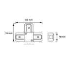 Tekening van zwart T-koppelstuk 1-fase: 105 mm x 70 mm, hoogte 19 mm