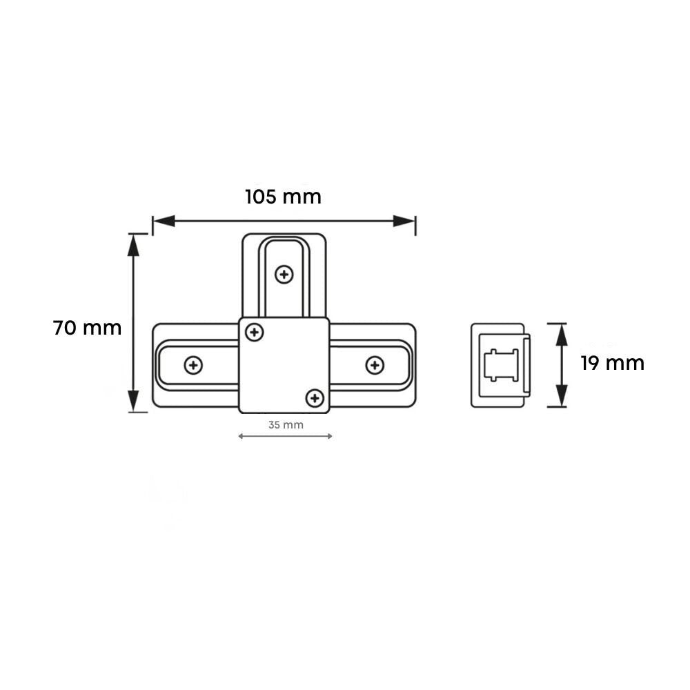 Tekening van zwart T-koppelstuk 1-fase: 105 mm x 70 mm, hoogte 19 mm