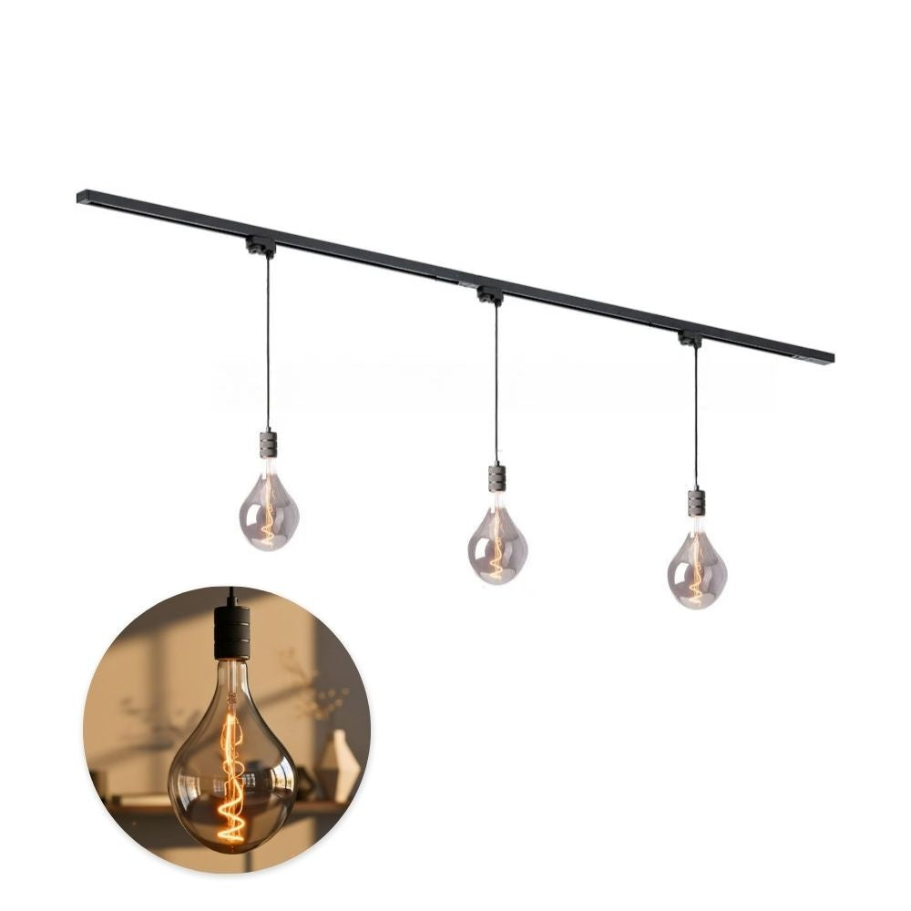 Hanglampenset met zwarte rail en drie hanglampen met amberkleurig gloeidraadlicht