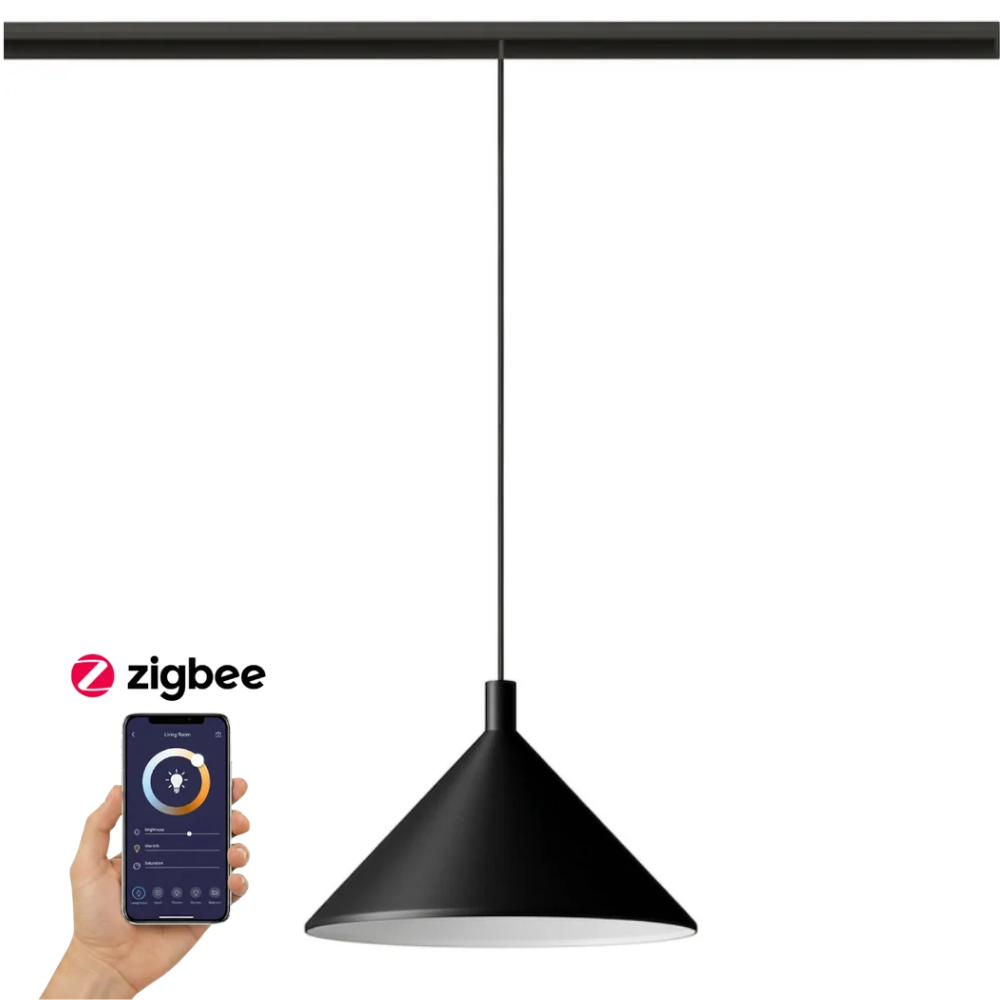Zwarte hanglamp met kegelvormige kap en ophangkoord; slimme Zigbee-bediening.