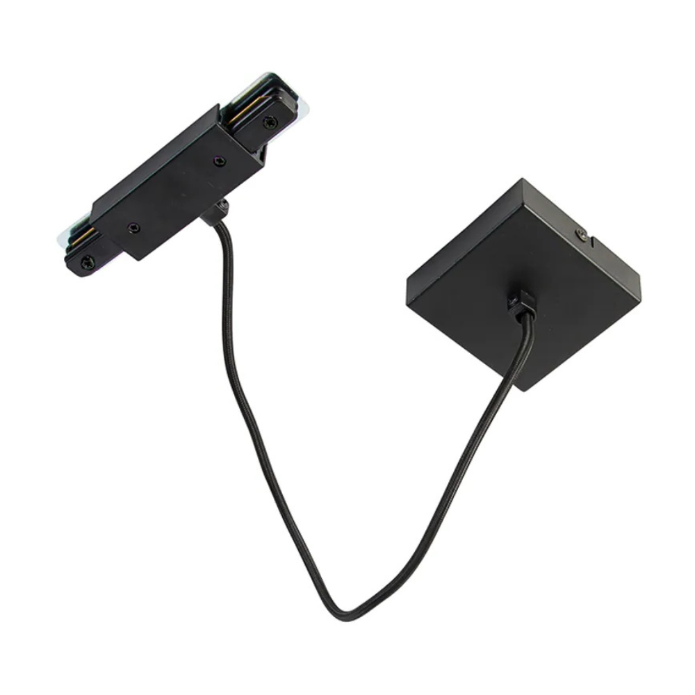 Zwart middenvoeding voor 1-fase railverlichting met vierkante montageplaat en kabel
