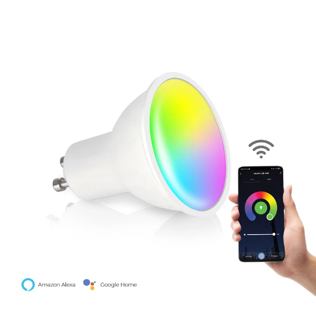 Witte GU10 LED-lamp met kleurrijke ring en bediening via smartphone