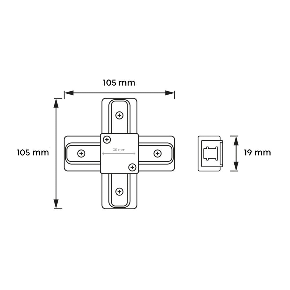 Afmetingen zwart X-koppelstuk voor 1-fase: 105 mm en 19 mm hoogte