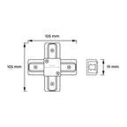 Technische schets: wit 1-fase koppelstuk, maten 105 mm en 19 mm
