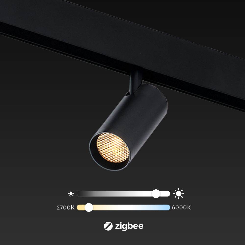 Zwarte railspot met warm lichtbundel op magnetische verlichtingsrail